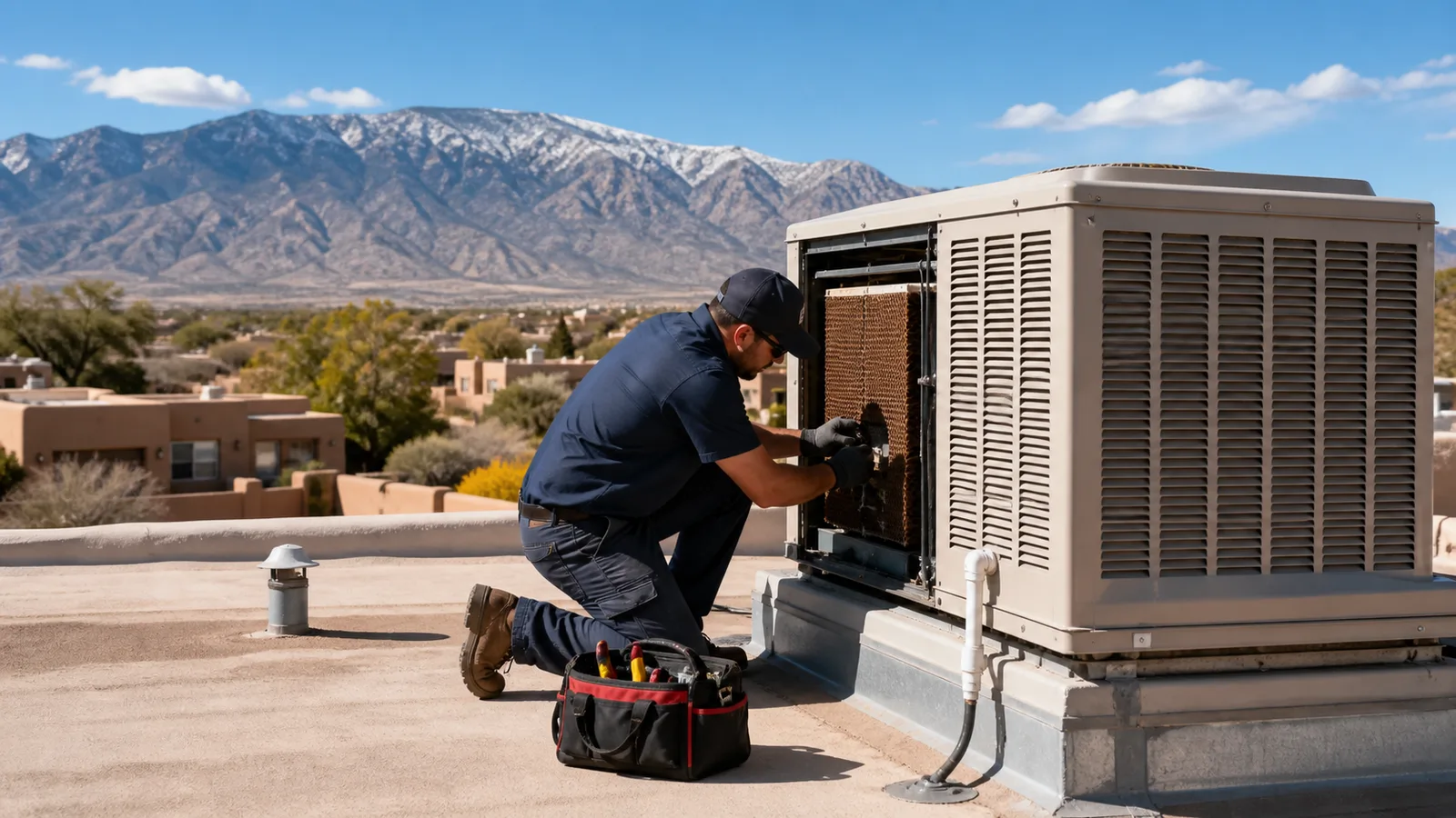 Technician servicing a rooftop evaporative cooler near Albuquerque, NM