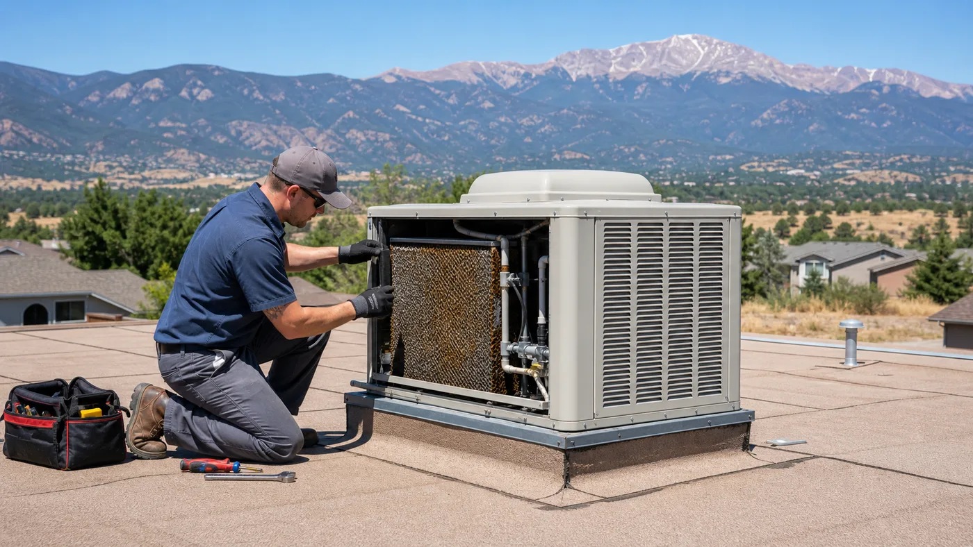 Technician servicing a rooftop evaporative cooler near Colorado Springs, CO