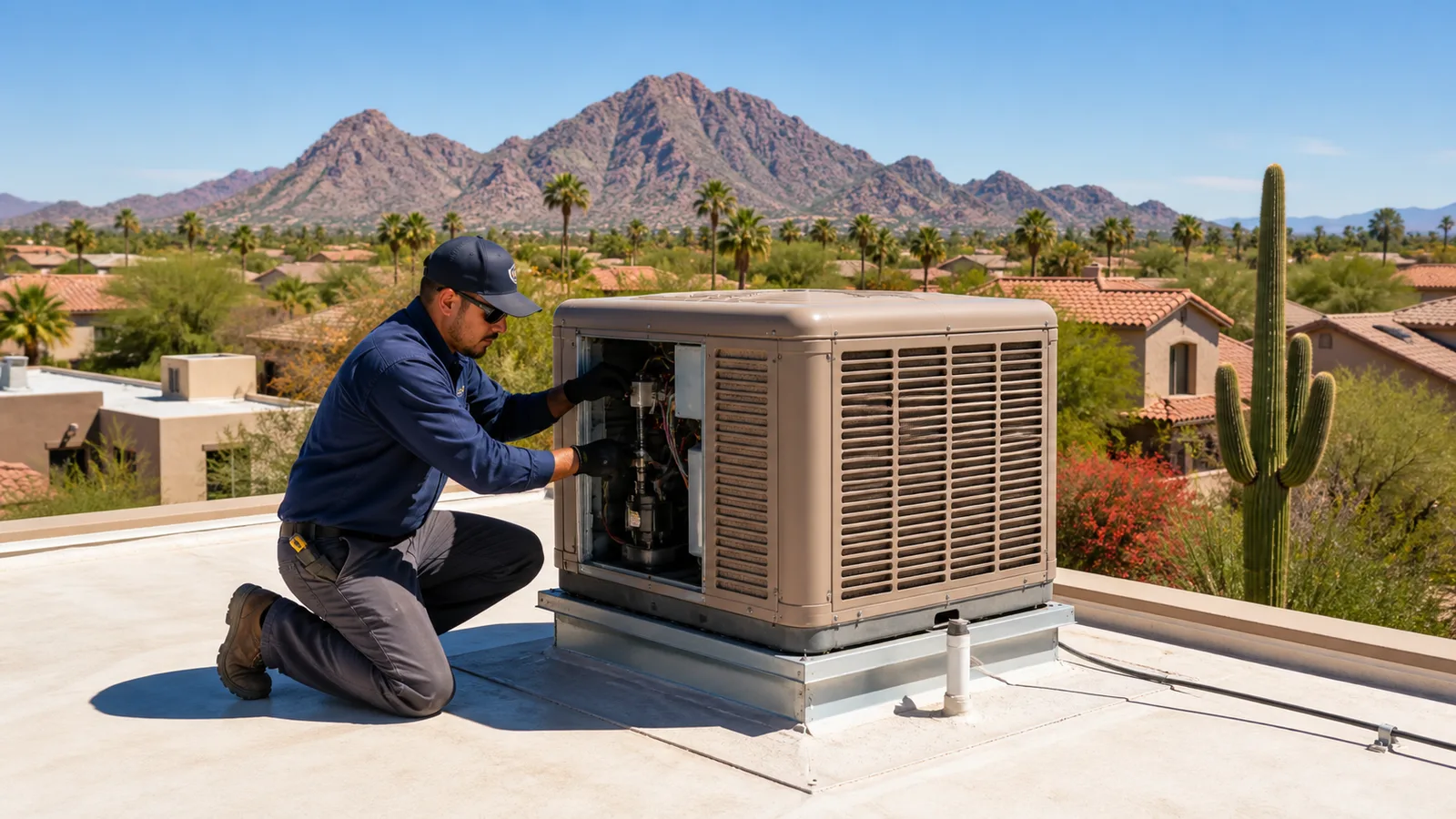 Technician servicing a rooftop evaporative cooler near Phoenix, AZ