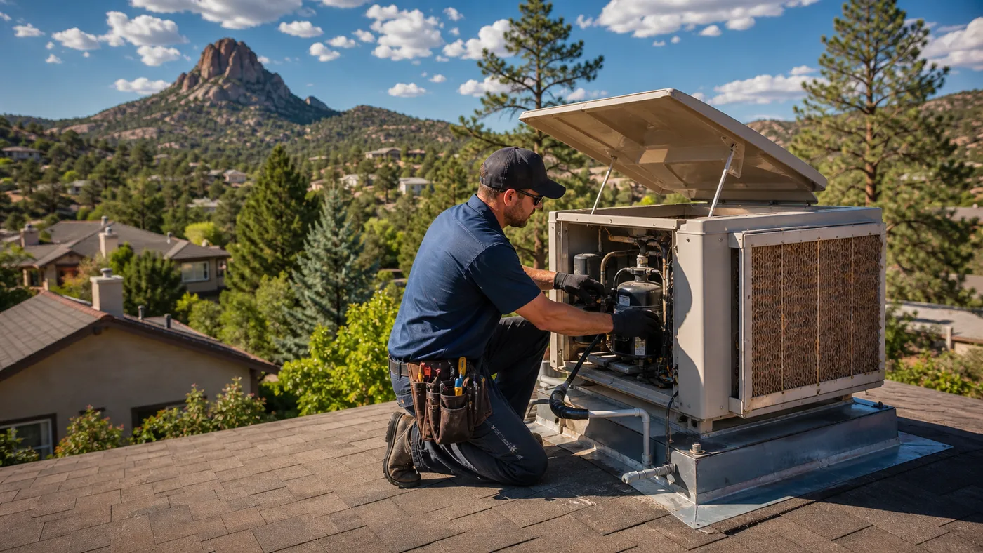 Technician servicing a rooftop evaporative cooler near Prescott, AZ