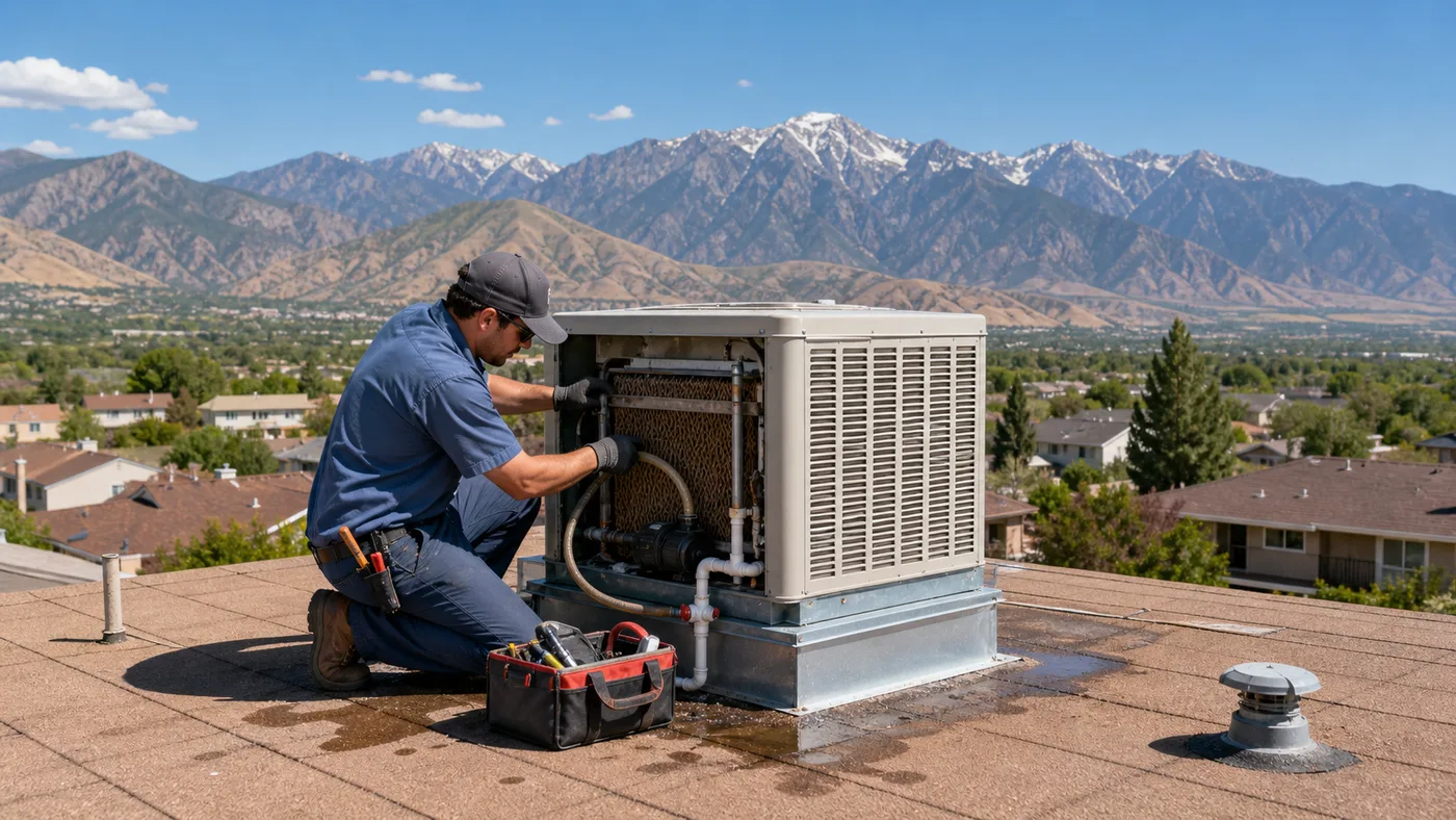 Technician servicing a rooftop evaporative cooler near Salt Lake City, UT