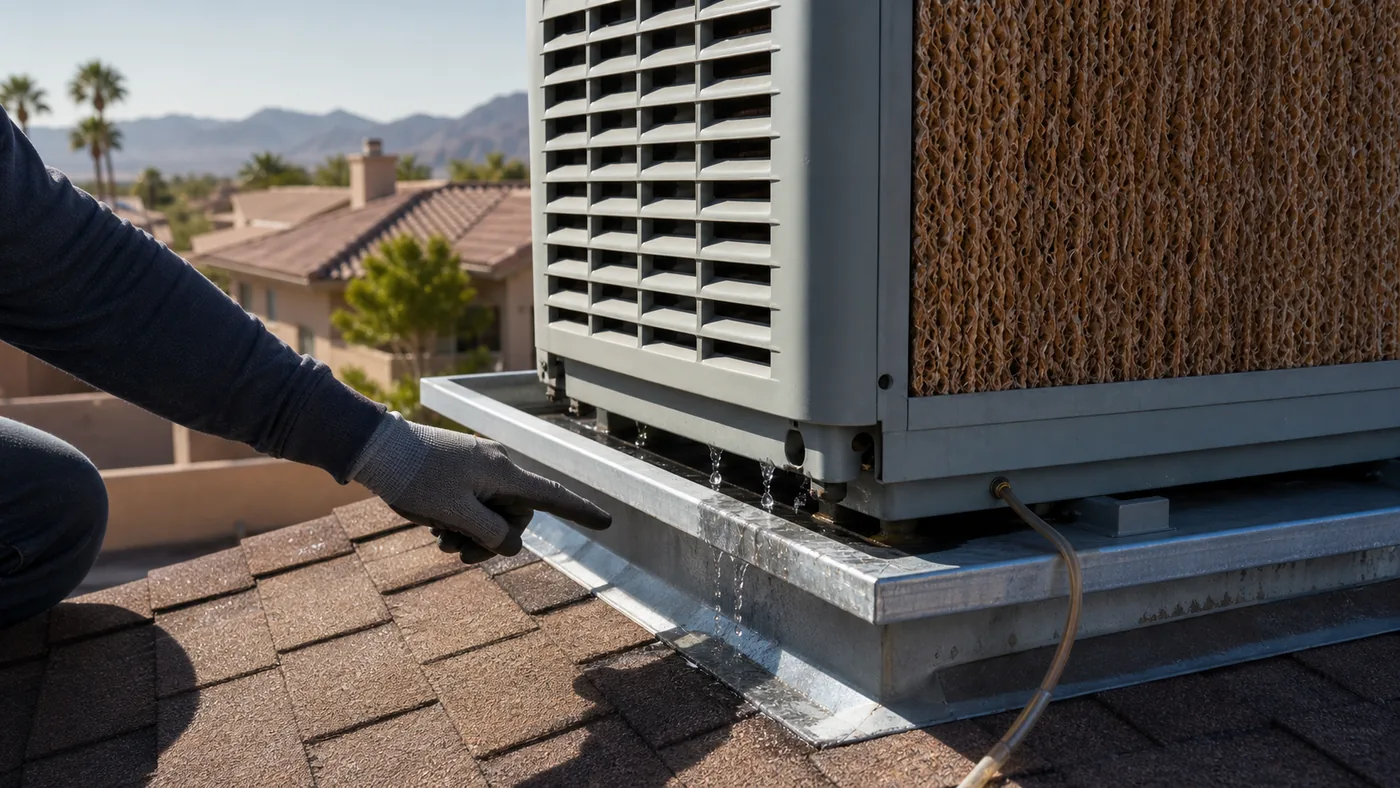Small water leak near the base of a rooftop evaporative cooler
