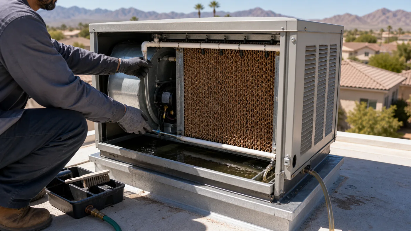 Open evaporative cooler being inspected for seasonal maintenance