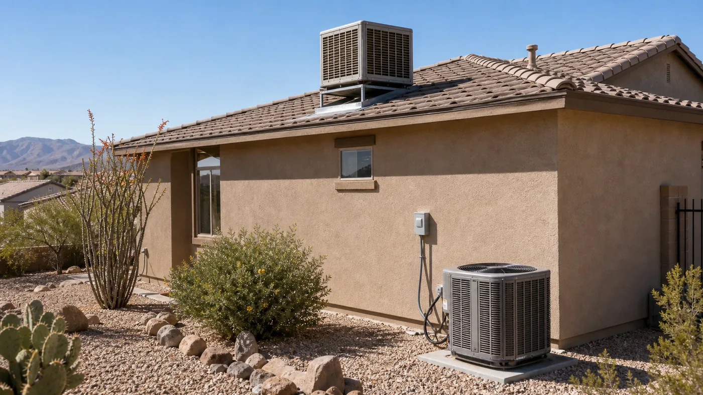 Dry-climate home exterior with an evaporative cooler and central AC condenser