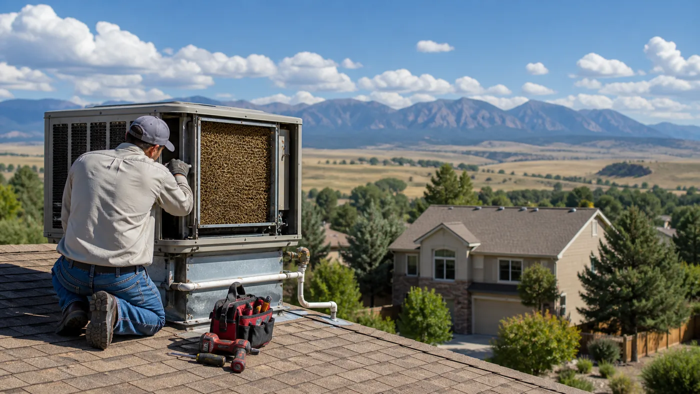 Technicians installing an evaporative cooler for dry-climate Colorado swamp cooler service