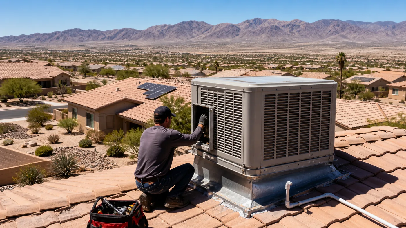 Technicians installing an evaporative cooler for dry-climate Nevada swamp cooler service
