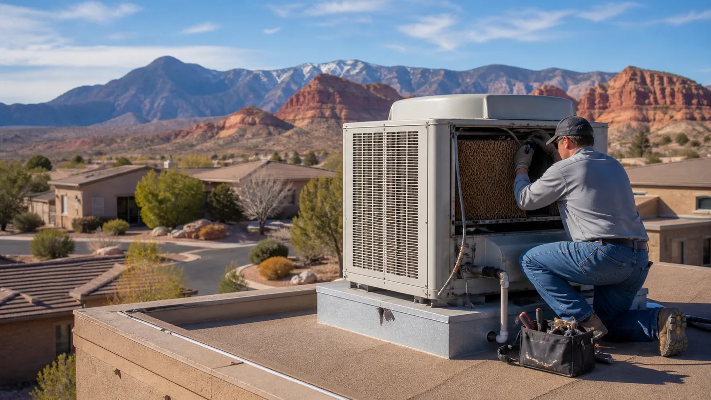 Technicians installing a rooftop evaporative cooler on a home in Utah
