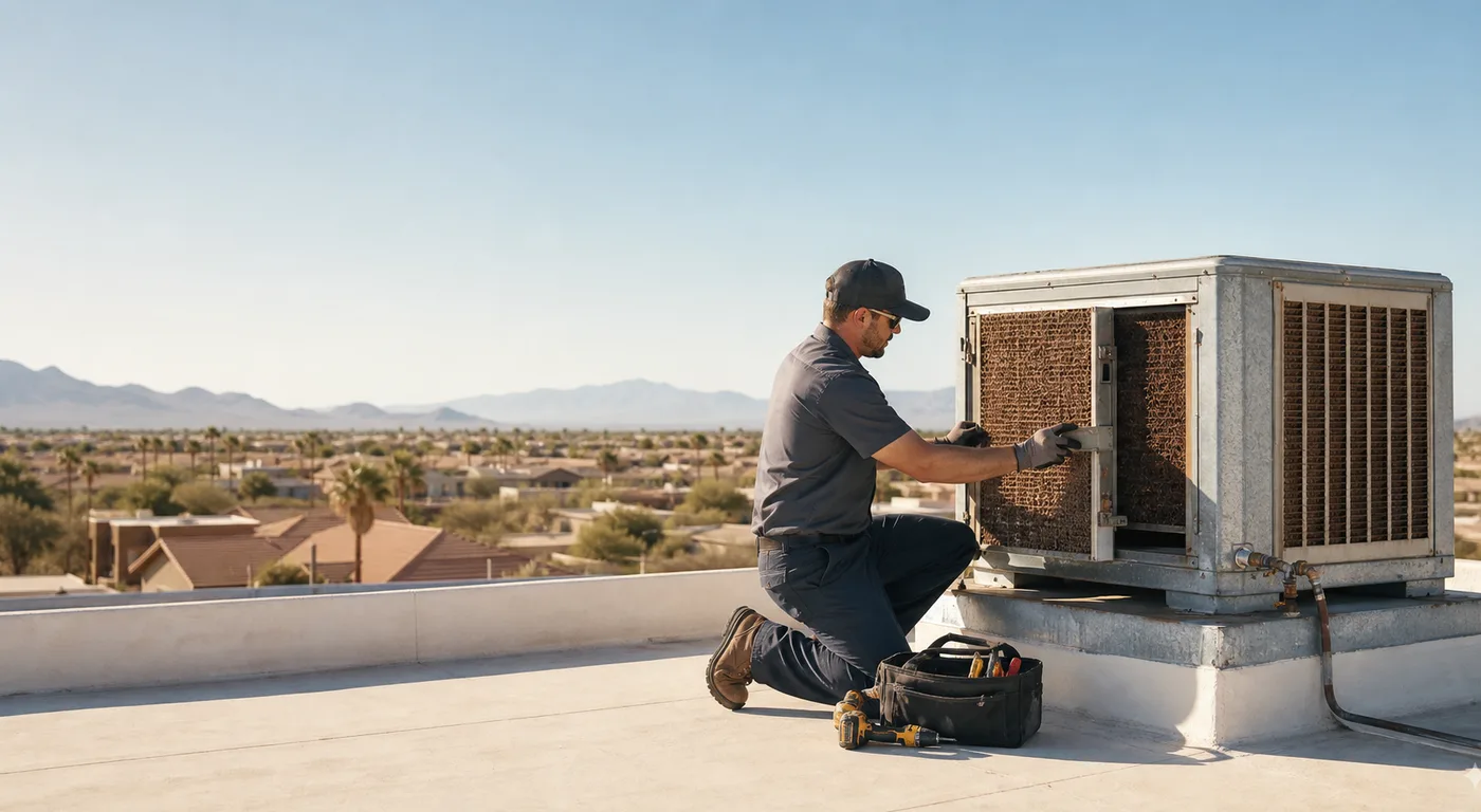Technician servicing a rooftop evaporative cooler in a dry Southwest neighborhood