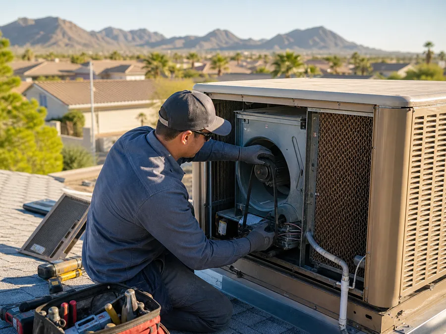 Technician repairing a rooftop evaporative cooler in a dry Southwest neighborhood